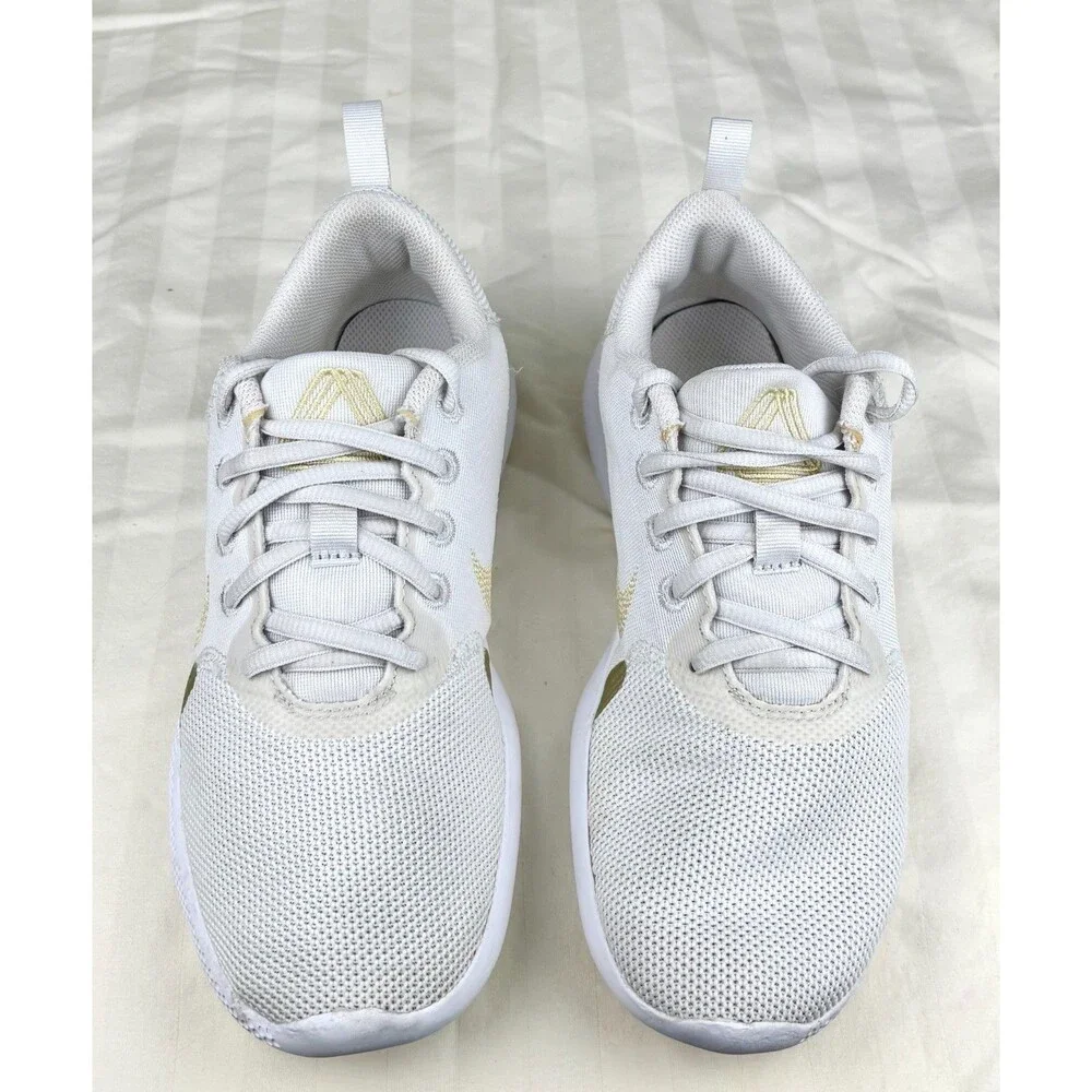 Nike Flex Experience Size 6.5W Wide White Gold Swoosh Sneakers Training Shoes